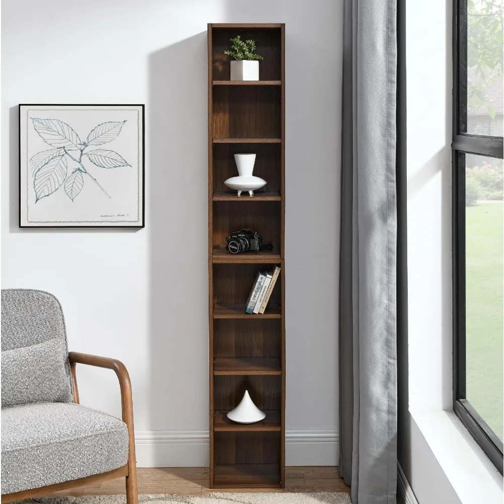 

Tall Narrow Bookshelf,8-Tiers Bookcase with Adjustable Shelves,Double-Decker Combination Thin Media Tower Rack,CD DVD Slim Stora