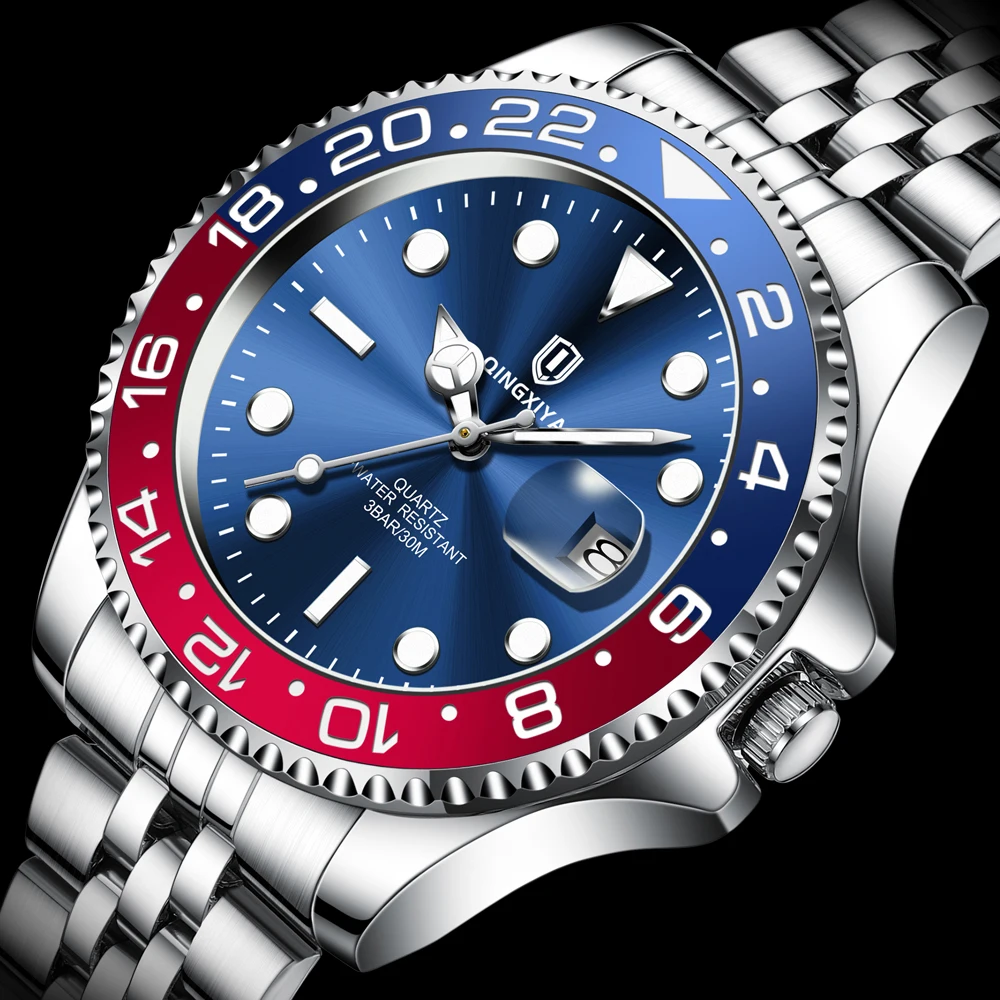 

QINGXIYA Роскошные часы из нержавеющей стали, классические красные, синие круглые серии, увеличительное стекло, календарь, кварцевые часы montre homme