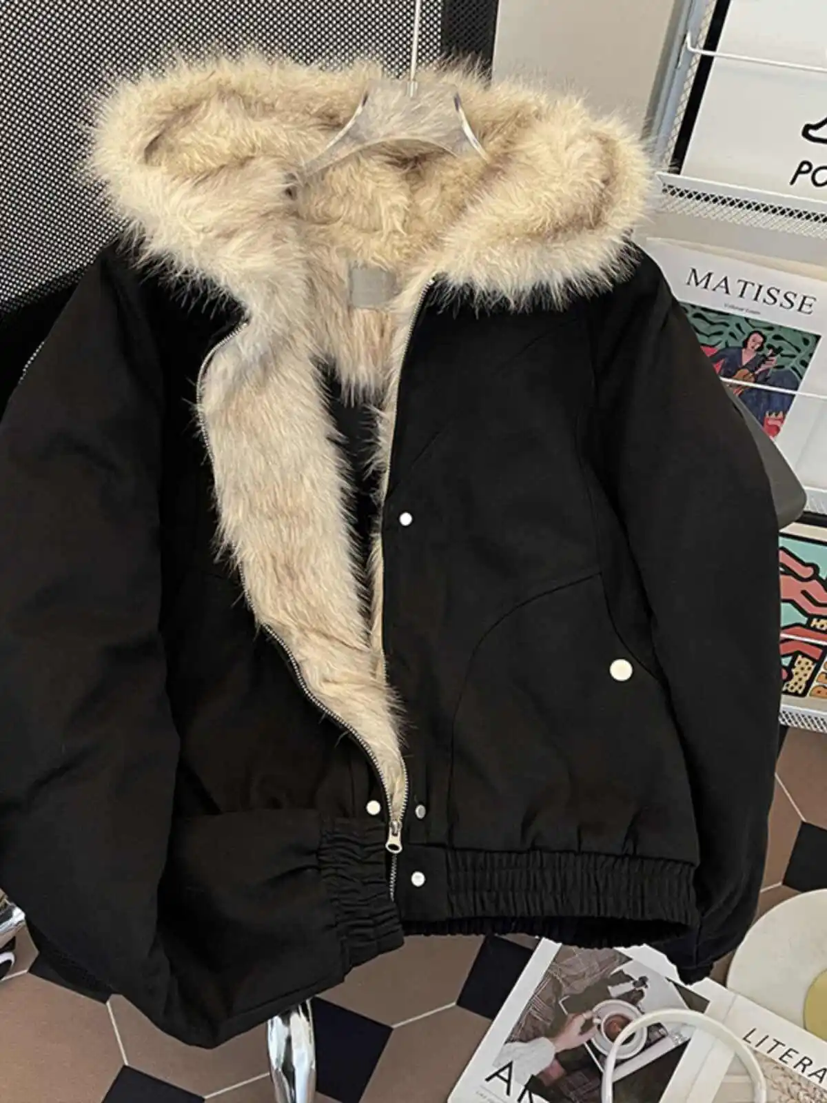 

American style hooded bread jacket, cotton jacket, women's winter faux mink fur jacket, trendy loose and thick warm cotton jacke