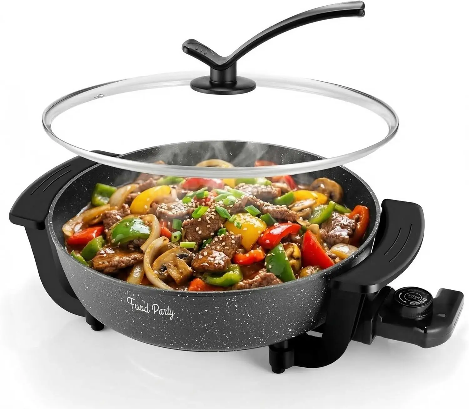 

12-Inch Electric Skillet with Lid, 6L Non-Stick Hot Pot, 1100W Fast Heating, PFOA-Free