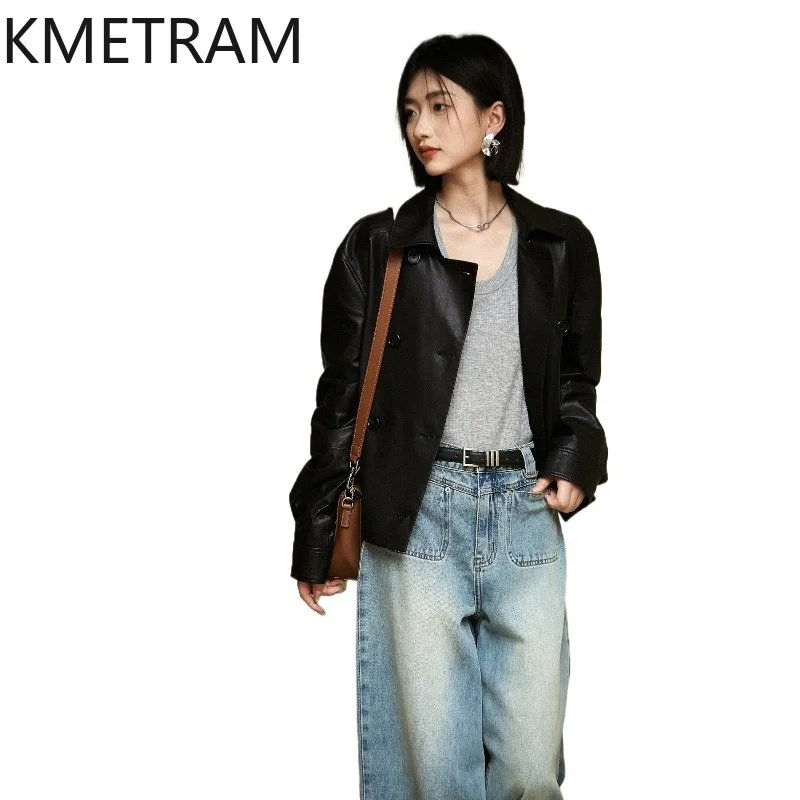

KMETRAM Real Vegetable-Tanned Sheepskin Leather Jacket Woman Short Trench Coat Casual Loose Jackets 2026 Fall Women Clothes 가죽자켓