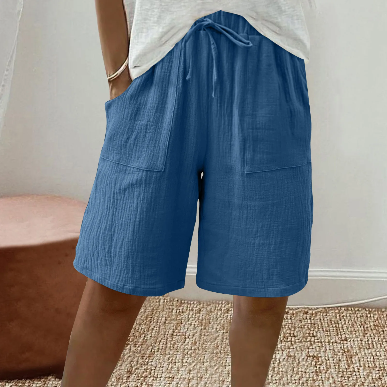

Casual Cotton Linen Women's Loose Fit Five-Point Shorts Tie Waist Comfortable Breathable Summer Fashion High Waist Straight Leg