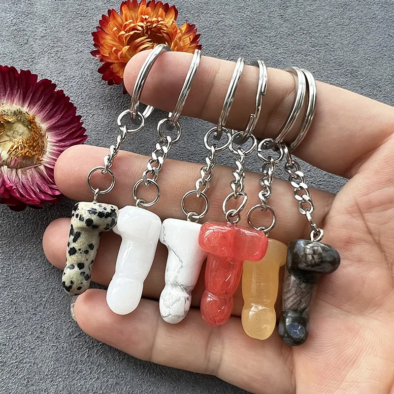 Penis Keychain Natural Gemstone Carved Phallus Figurine Pendant Polished Healing Crystal Quartz Reiki Tricky Craft Decoration