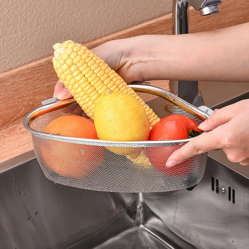 Kitchen Sink Strainer Basket, Stainless Steel Triangular Sink Strainer Corner Sink Rack Collect Food Scraps Washing Basket