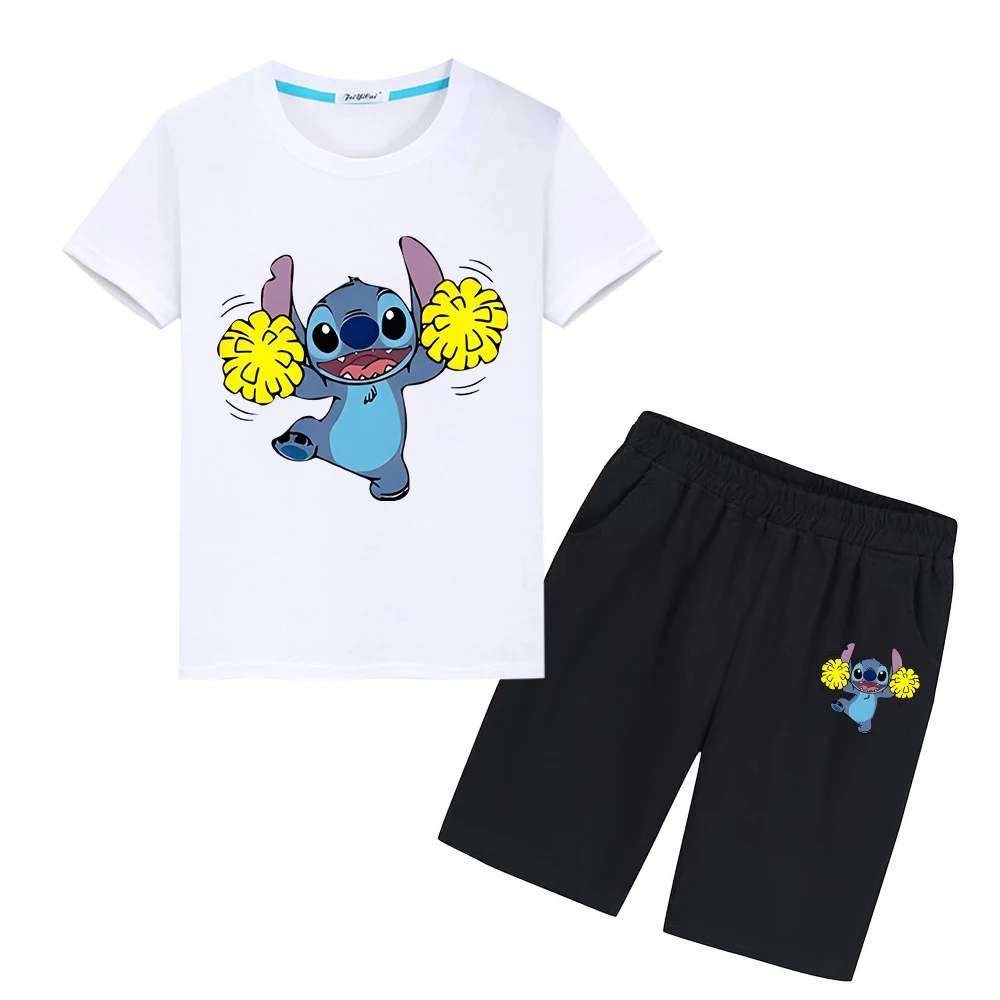 

Stitch Disney 100%Cotton T-shirt Print Cute Tees Sports Sets disney Summer Tshirts Tops+shorts kid holiday gift boy girl clothes