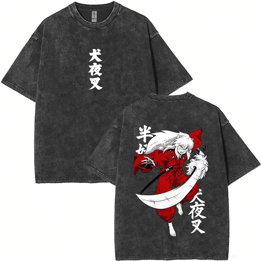 Washed Vintage Anime Inuyasha Kagome Miroku Sango Shippo Kirara Eyes Print T-shirt Men Women Cartoon Casual Oversized T Shirts