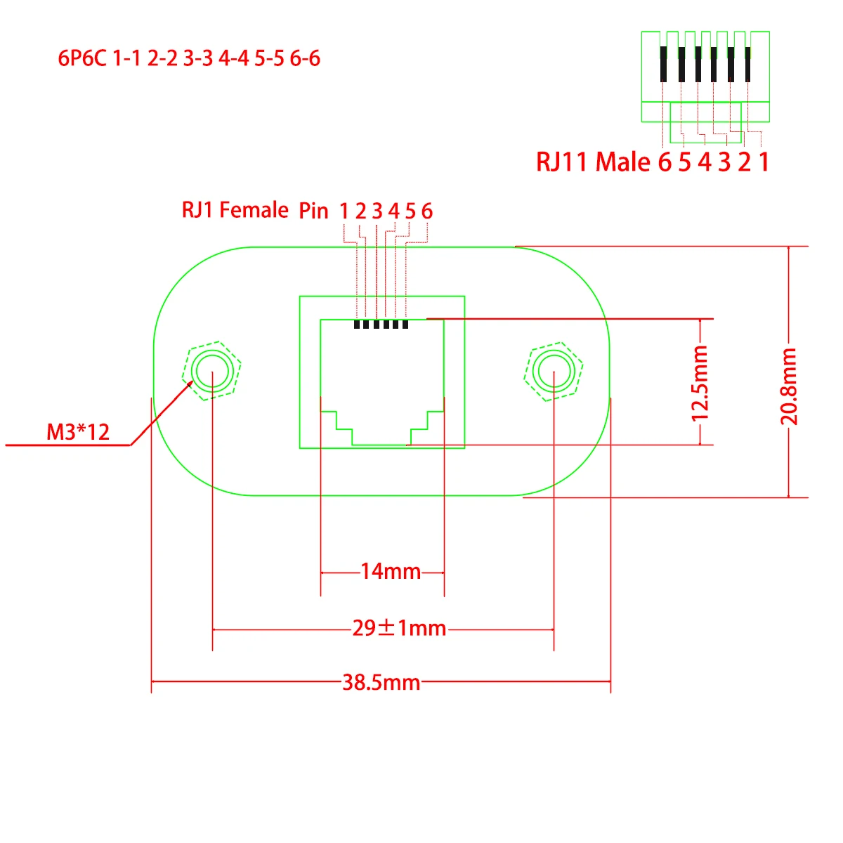 RJ11/RJ12 6P6C Female to Male  Screw Panel Mount Extension Cable