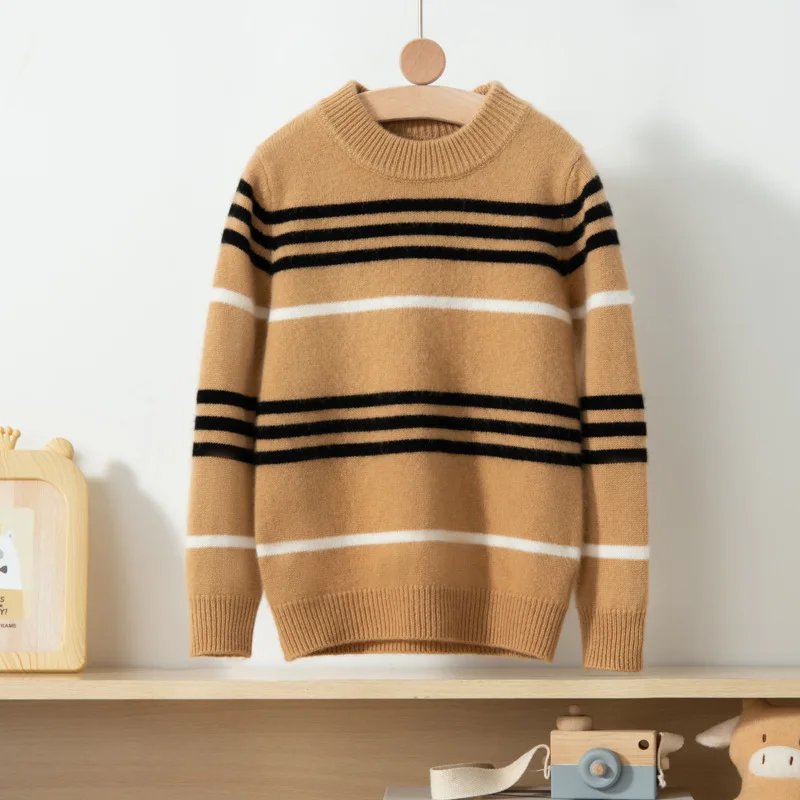 

Children Thickened insulation semi high neck 100% cashmere knitted sweater Boy and girls color blocked stripes pullover Sweater