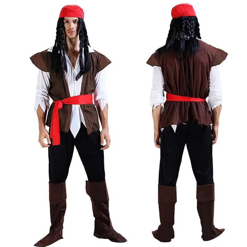 Adult Pirate Costume Men'S Pirate Outfit For Cosplay Shirt Pants Vest Boot Tops Head Scarf Belt One Size Fits All Pirate Costume