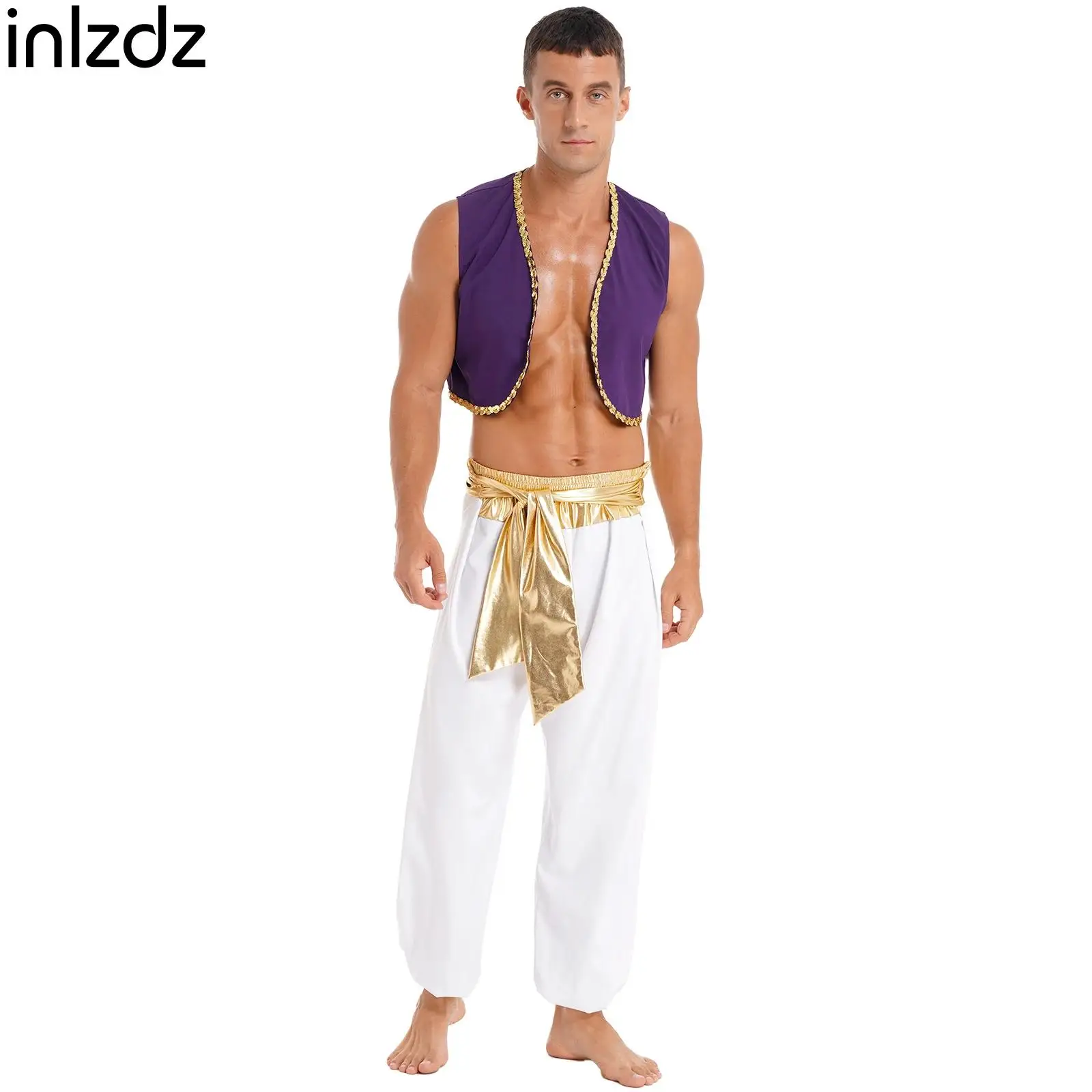 

Halloween Arab King Prince Cosplay Costume for Adult Mens Carnival Rave Party Dress up Sleeveless Waistcoat+Belted Pants Outfit