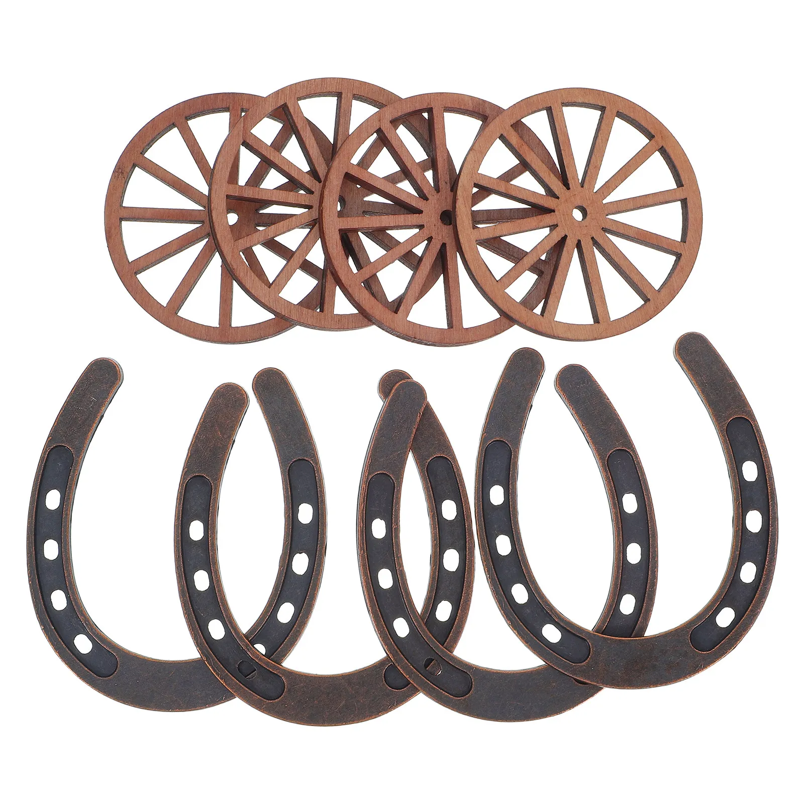 

8Pcs Micro Landscape Decor Mini Horseshoe Wagon Wheel Rustic Cart Wheel Ornaments Western Party Centerpiece Table Decorations