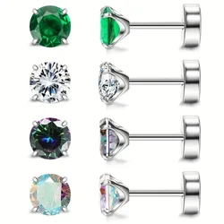 8 Pcs 20G Hypoallergenic Sparkly Cubic Zirconia Flatback Earring For Women Men, 316L Stainless Steel Body Piercing Jewelry