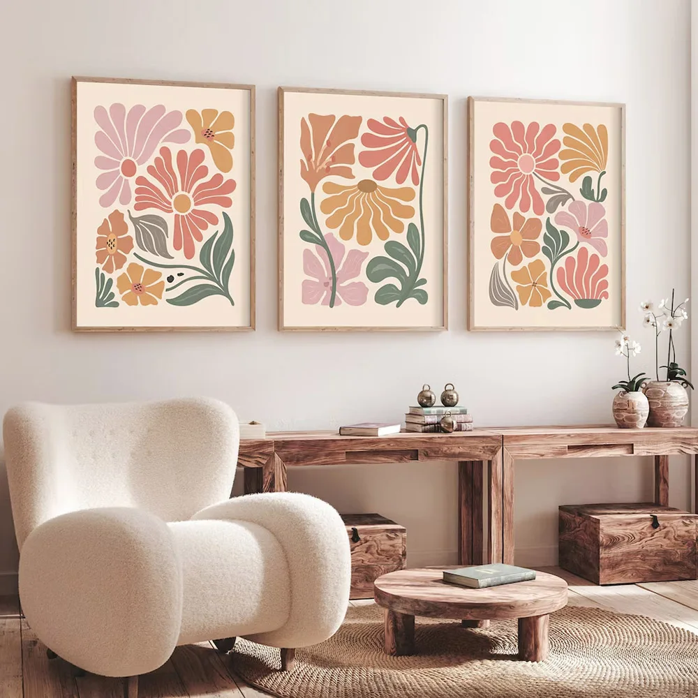 Set of 3 Boho Abstract Botanical Floral Art Poster Canvas Print Flower Market Vintage Painting Minimalist Wall Decor Picture
