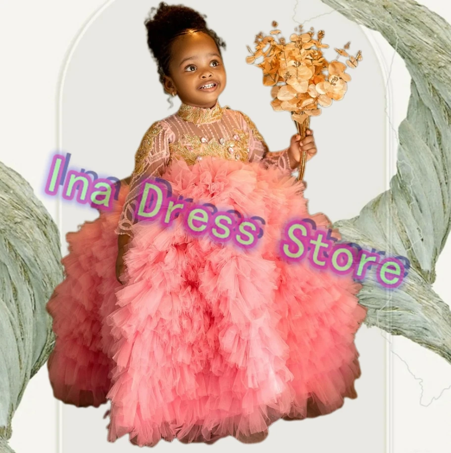 

Luxury Flower Girl Dress Tulle Fluffy With Quality Gold Lace Appliqué For Beauty Pageant kIDS Birthday PARTY EVENING GOWNS