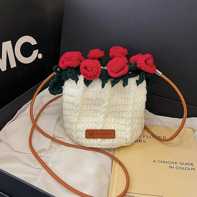

2025 New Rose Flower Bucket Bag - Cute Knitted Drawstring Shoulder Purse, Summer Crossbody Bag for Women, Fashion Small Handbag