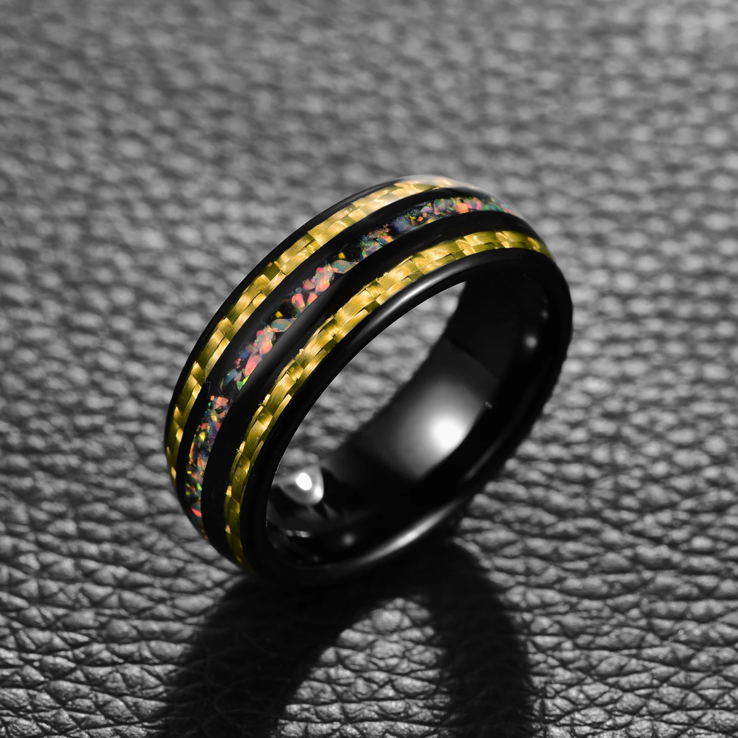 Nuncad Electric Black Inlaid Carbon Fiber Opal Tungsten Carbide Ring For Men Comfort Fit Tungsten Steel Party Rings