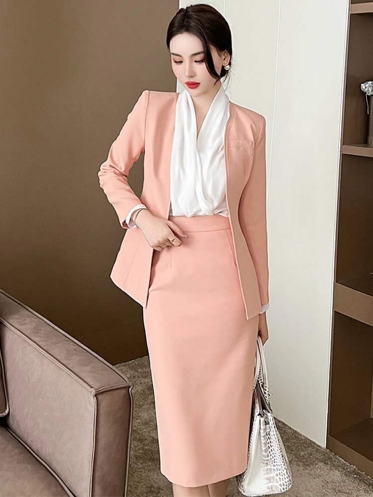 Women's Professional Elegant Formal 2 Piece Suit Skirt Set Business Tops Pink Coat Long Sleeve Jacket Midi Skirt Outfits Spring