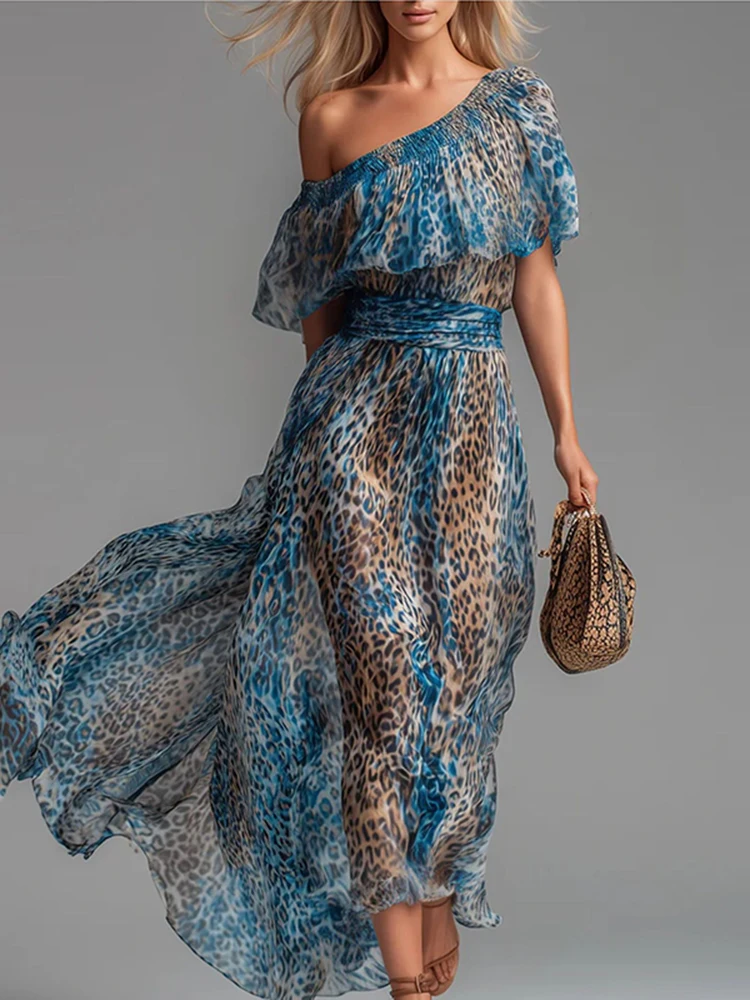 Sexy Chiffon-Kleider mit diagonalem Kragen für den Urlaub, elegant, schick, mit Leopardenmuster, Rüschen, langes Kleid, modisch, hohe Taille, schmale Strandkleider