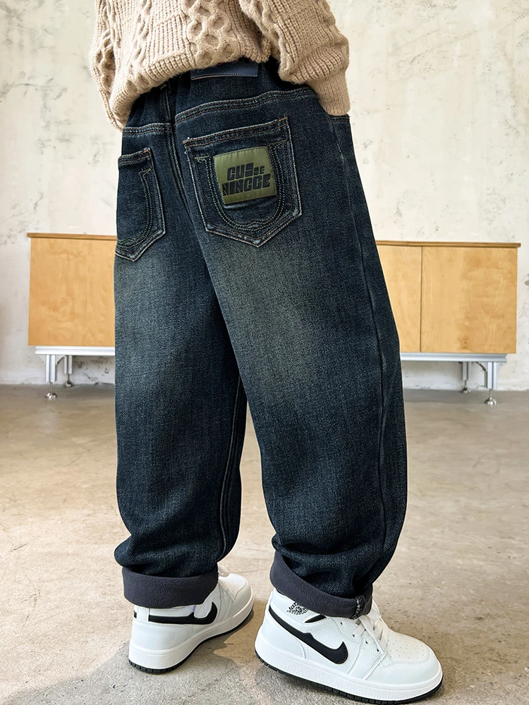 Thickened Fleece Lined Winter Denim Jeans for Boys Warm Fluffy Integrated Long Pants Loose Fit Cotton Trousers for Kids