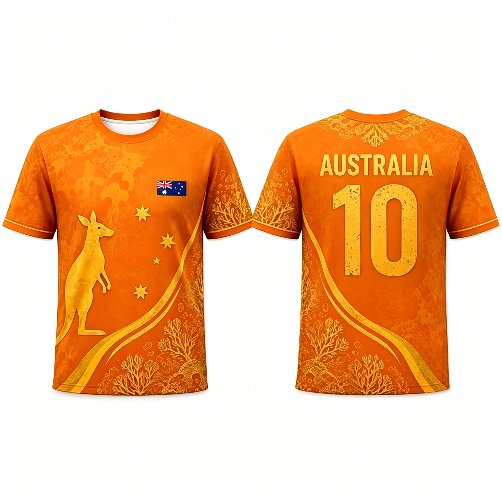 Australian No.10 football jersey kangaroo flag coral full screen printed mesh breathable men's fan sports short sleeved T-shirt