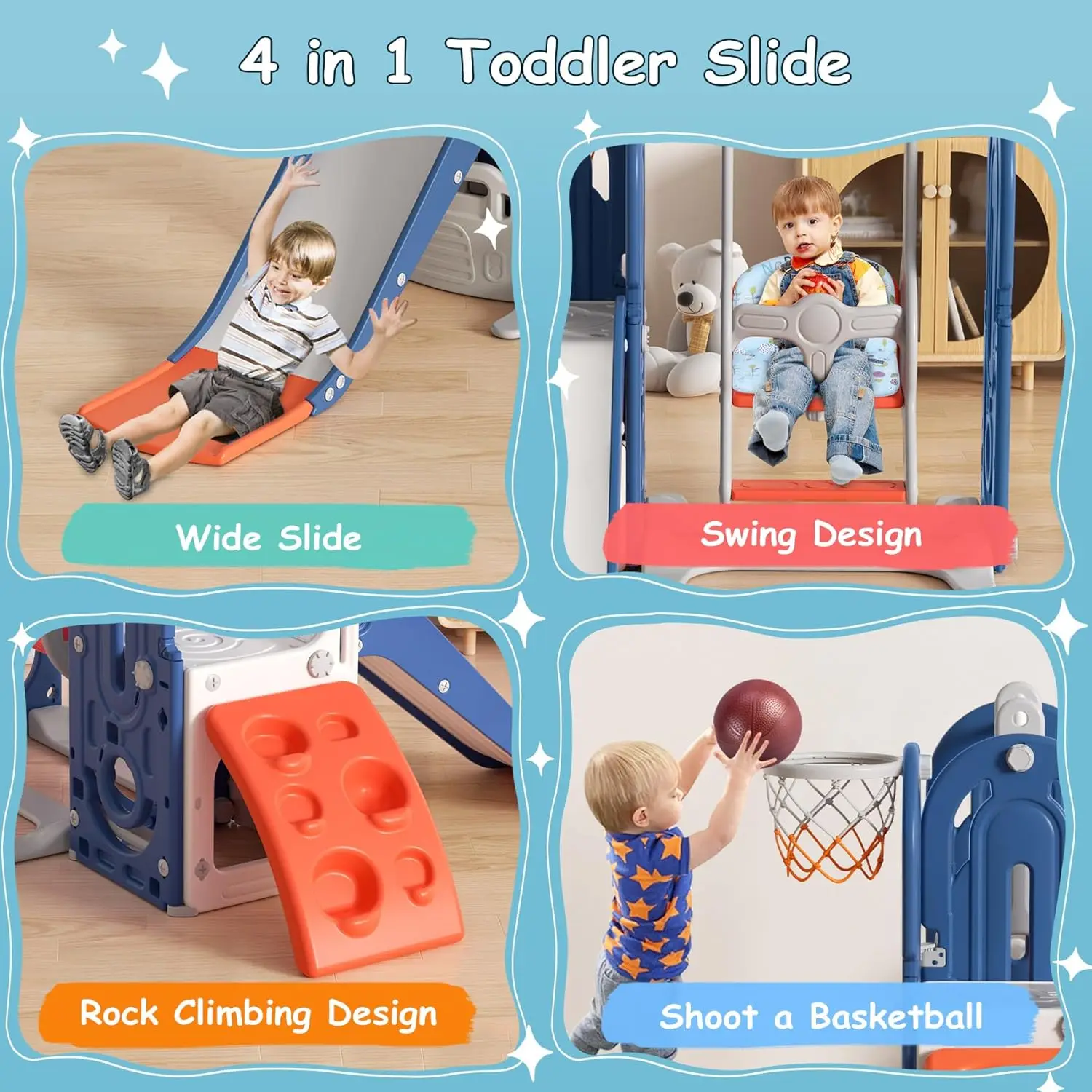 5 in 1 Toddler Slide, Swing and Slide for Toddlers Age 1-3 with Basketball Hoop and Basketball, Slide for Kids, Indoor Outdoor B