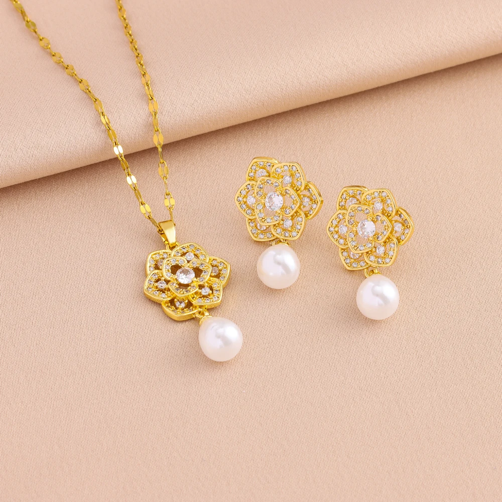 New In Luxury Retro Zircon Flower Pearl Necklaces Earrings For Women Trendy 18K Gold Plated Female Stainless Steel Jewelry Set