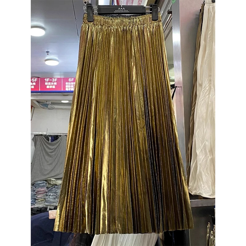 

Модная светоотражающая плиссированная юбка трапециевидной формы, элегантная эластичная драпированная юбка с высокой талией и большим подолом, повседневная осенняя женская одежда