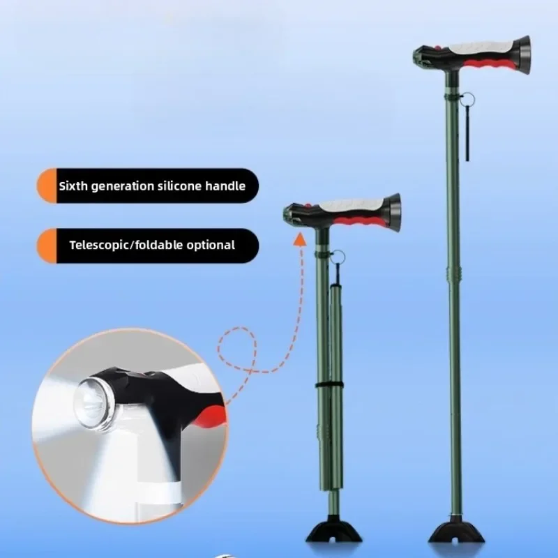 Folding Walking Stick with LED Light Adjustable Lightweight Telescopic Anti-Slip Walking Cane Four-legged Crutches for Elderly