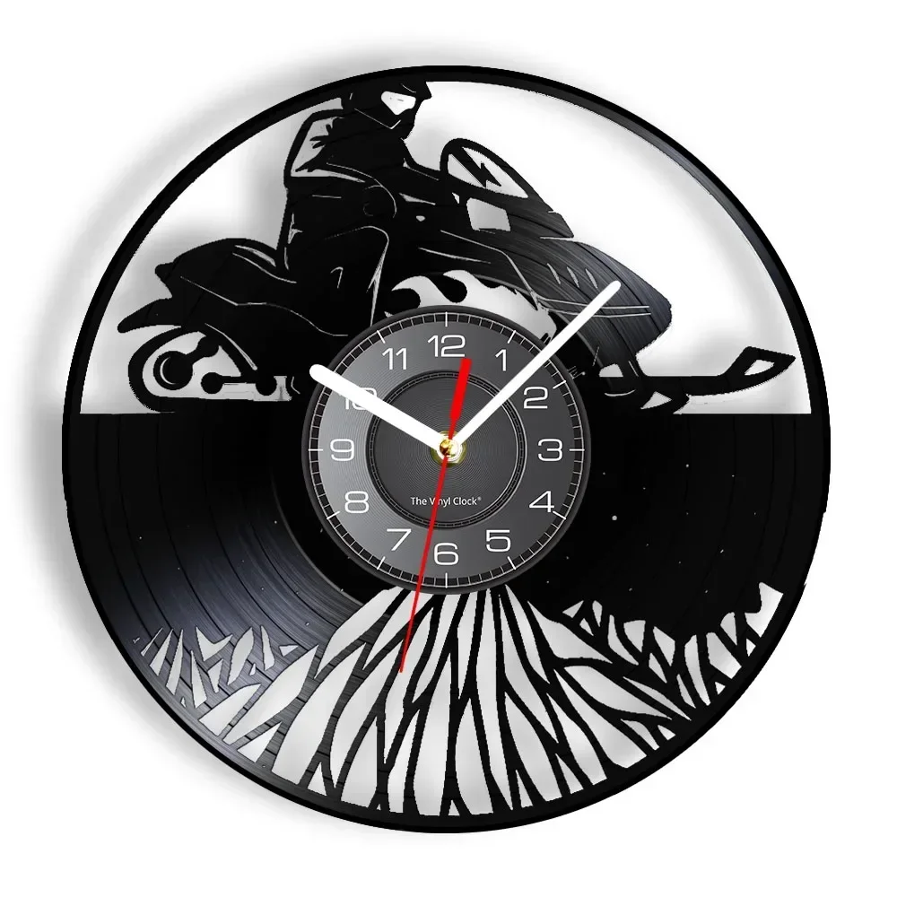 Snowmobile Wall Clock Made of Real Vinyl Record Snow Mountain Outdoor Winter Riding Laser Etched Retro Wall Watch Riders' GIft