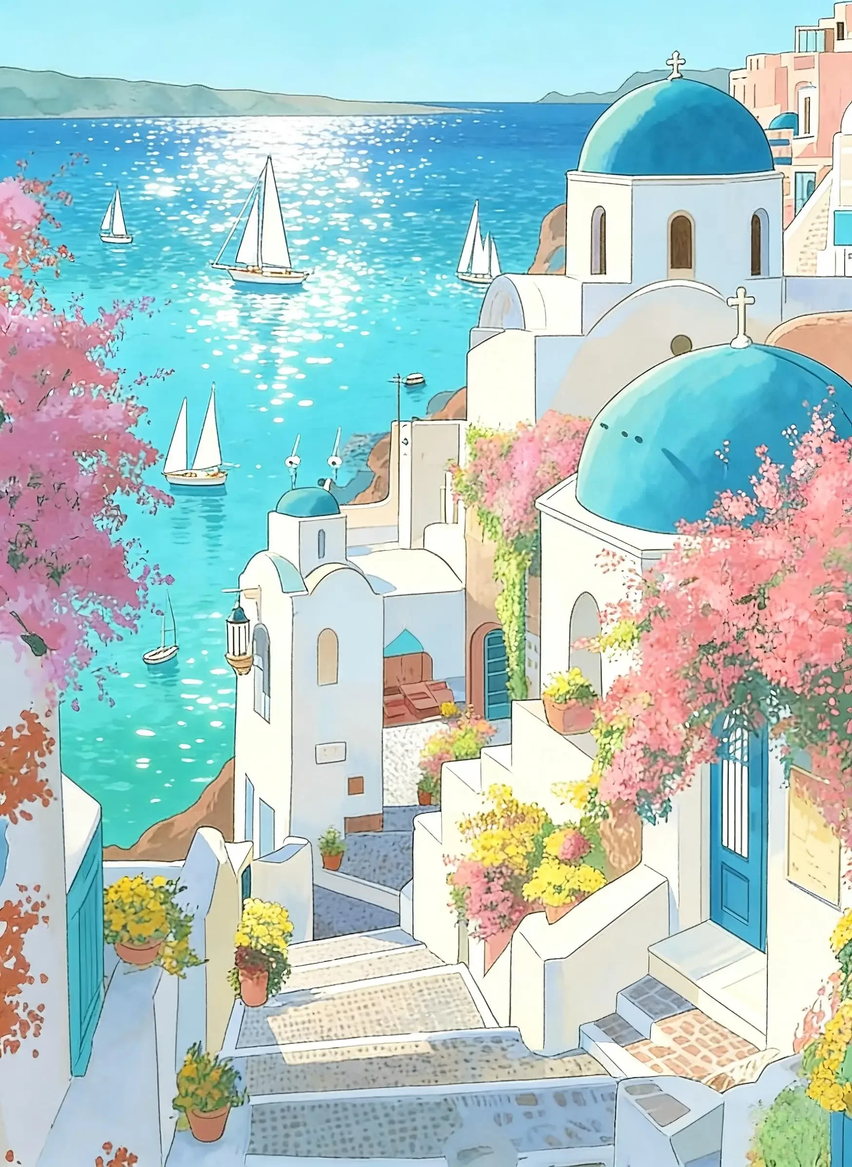 Frameless Canvas Painting 1pc Frameless Santorini Oia Blue Dome Wall Art Canvas, Tropical Beach Scenery With Pink Flowers, Coast
