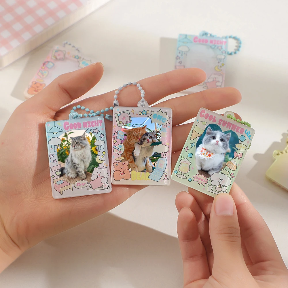 1 Inch Cartoon Card Holder Acrylic Photo Sleeves Lovely Photocard Protector Cute Photo Frame With Key Chain Creative Bag Pendant