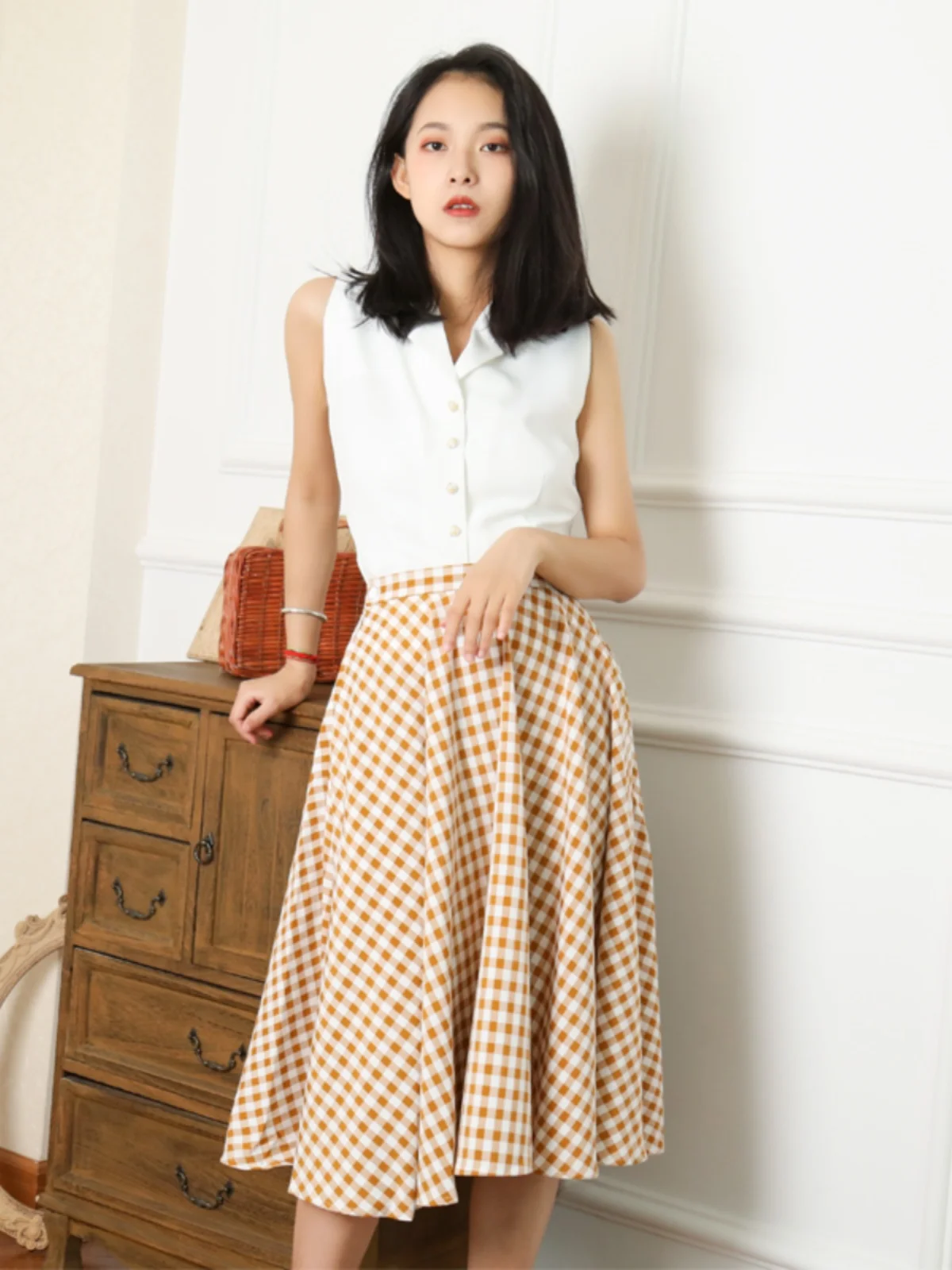 Vintage Hepburn Style Yellow Plaid High Waist Midi Skirt A-Line Slimming Women's Spring Summer Half Body Skirts