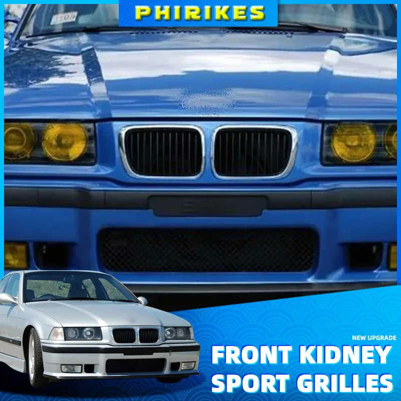 2Pcs Dropshipping Vorne Silber Breite Niere Sport Grille Grill Für BMW E36 3-series 318i 320i 323i 325i 4 Tür 1997-1999