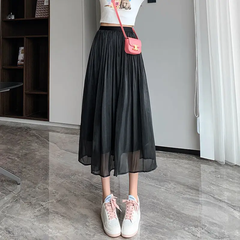 New Spring and Summer Women\'s Solid Color High Waist Elastic Gauze Pleated A-Line Appear Thin Fashion Casual All Match Skirt