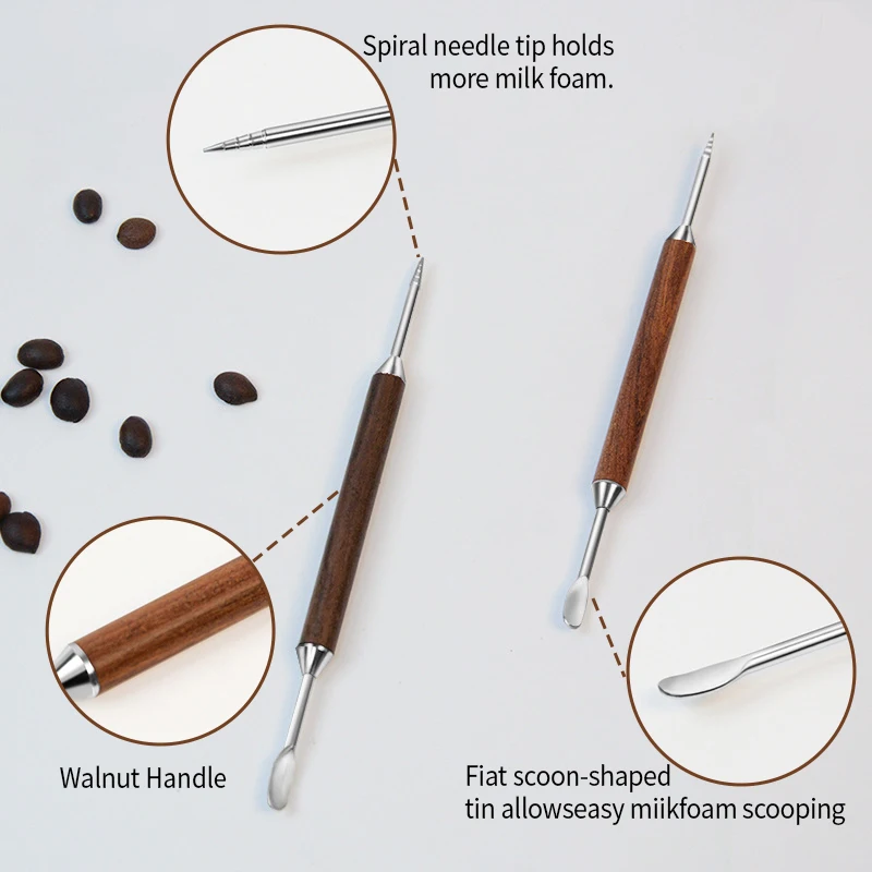 OANKR Latte Art Pen Stainless Steel Coffee Drawing Tool with Wood Handle Double-Ended Barista Accessories for Creating Coffee