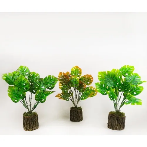 Nettenevime Artificial Flower 3 Pcs Wood Log Plug Mini Monstera Set 3'lü 37 cm 15 Leaf Living Room Plant