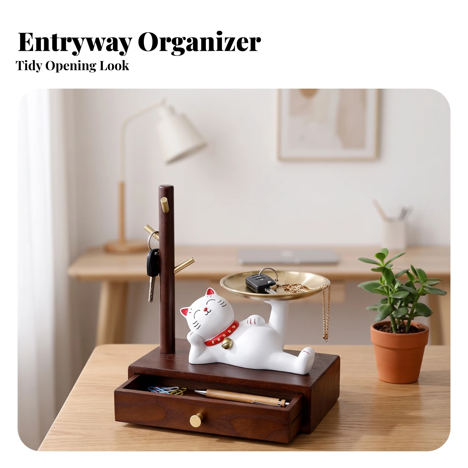 Desktop Storage Organizer with Hooks Decorative Wooden Organizer with Tray Jewelry Stand Compact Box Sturdy for Women, Dresser