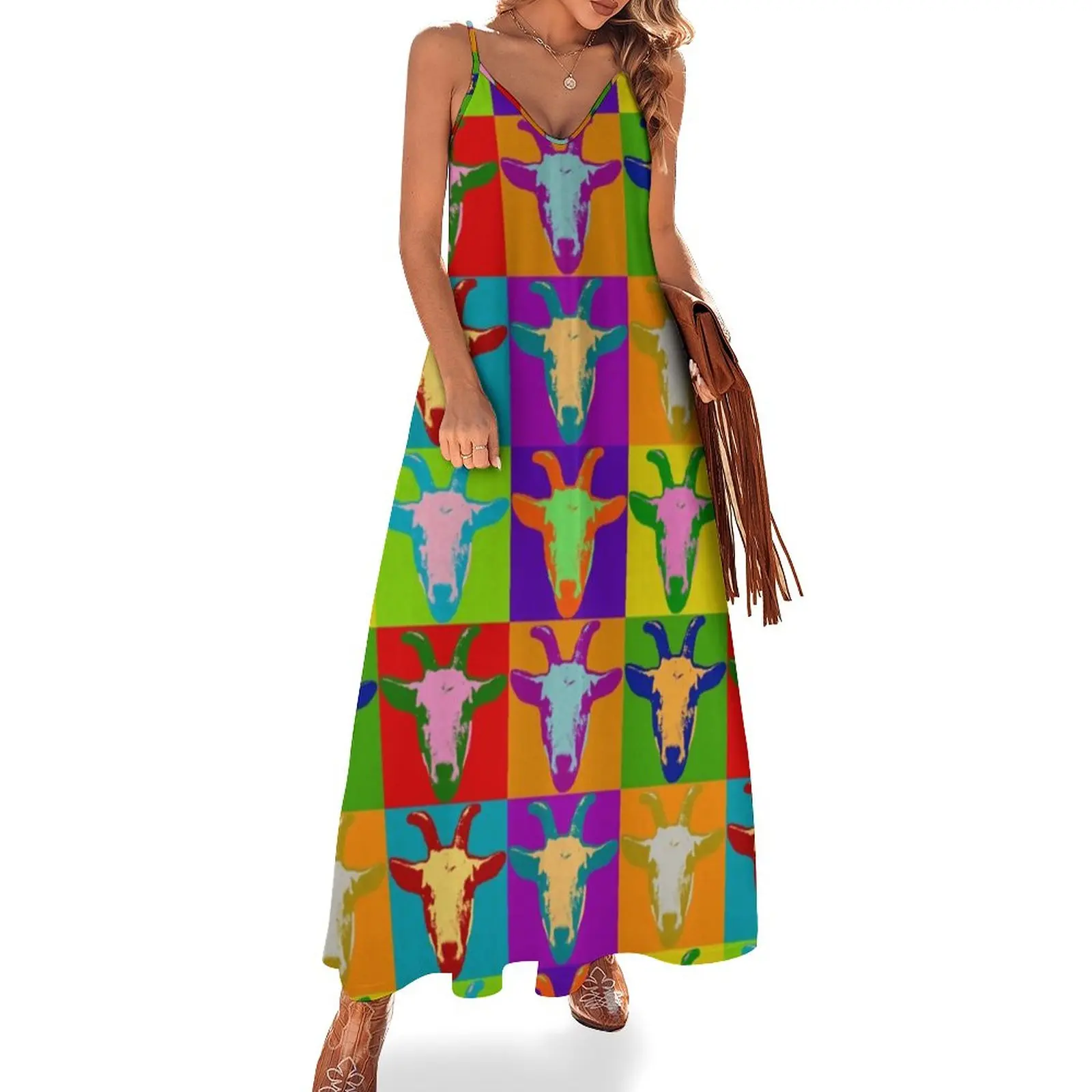 Farm Animal Print Dress Goat Pop Art Stylish V Neck Boho Beach Long Dresses Ladies Pattern Cute Maxi Dress 3XL 4XL 5XL