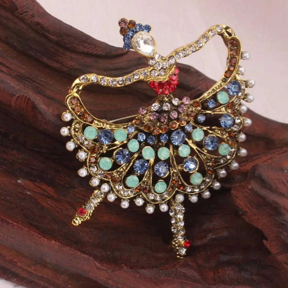 Vintage Gold-Tone Ballet Dancer Brooch - Rhinestone , Art Deco Style, for Dance Enthusiasts & Retro Jewelry Lovers, Ideal Gift