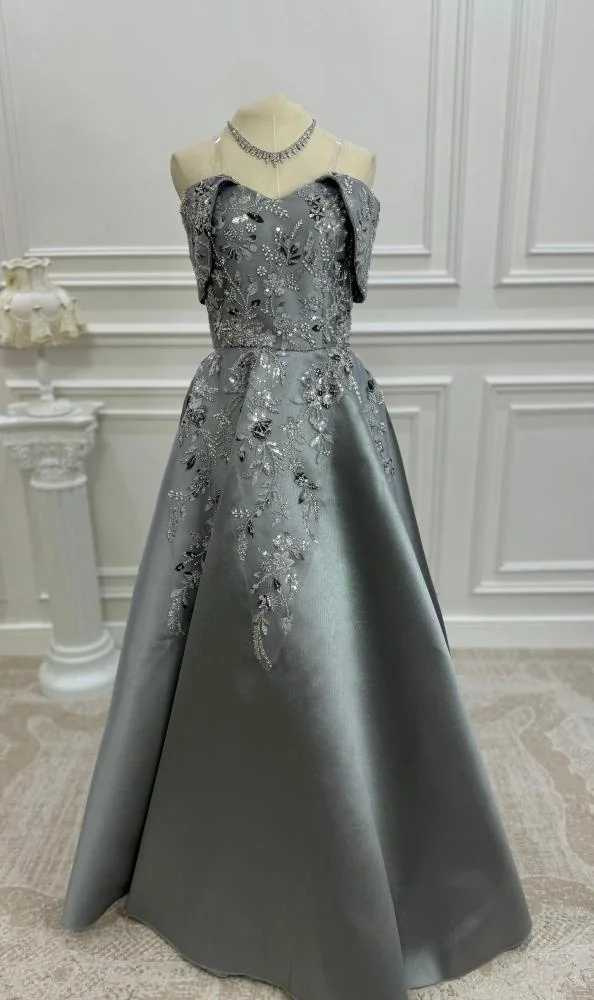 

Customized Grey Embroidered Evening Dress Off Shoulder A-Line Formal Gown Elegant Party Dress Long Prom Dress