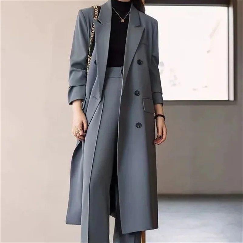 

Trench Coat for Women Suit Collar Double-breasted Solid Color Long Coat Elegance Office Lady Jackets Autumn Winter Clothes Women