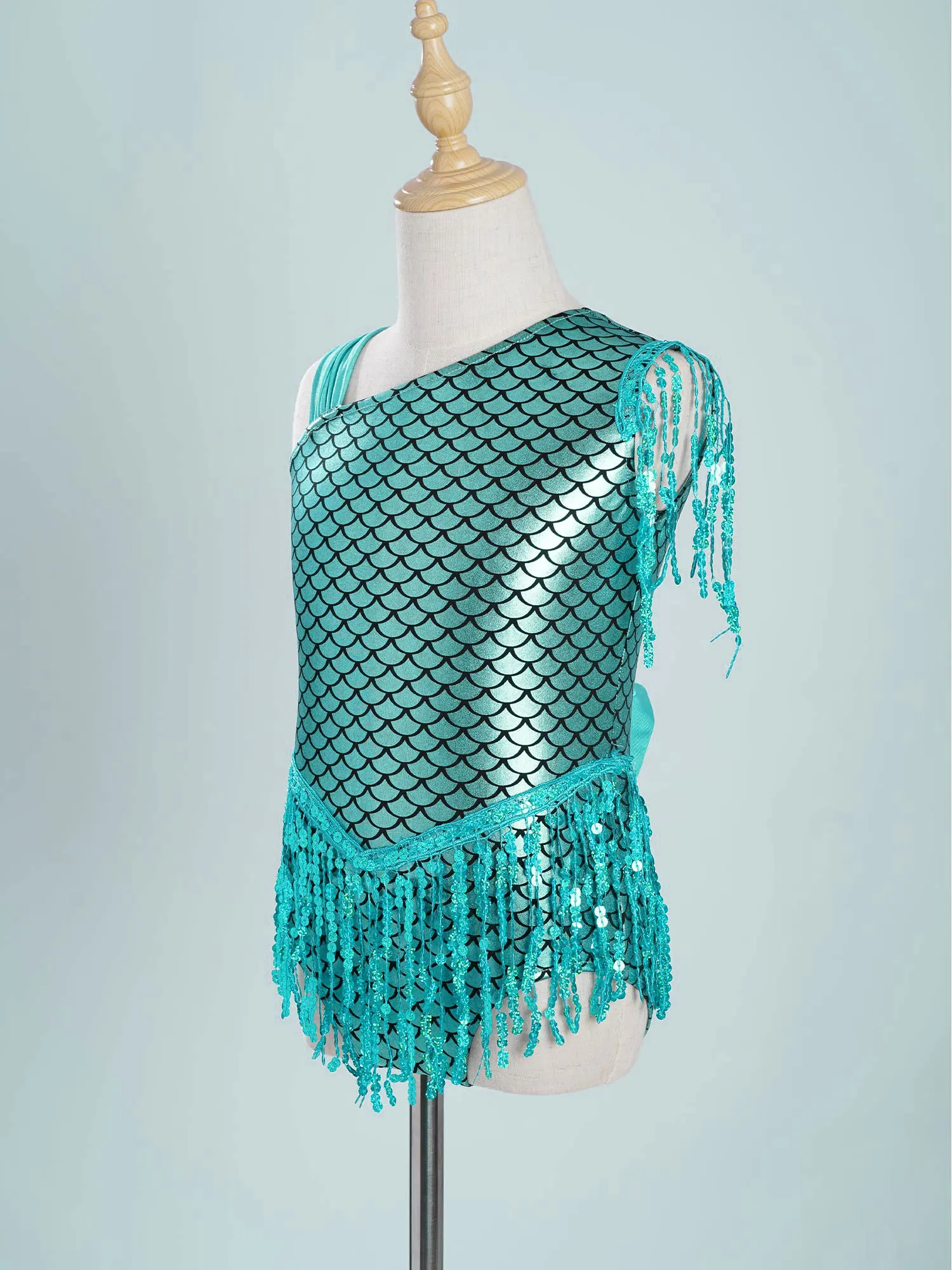 Girls Metallic Fish Scale Gymnastic Leotards Jumpsuit Mermaid Dance Leotard Bowknot Sequins Tassels Bodysuit Halloween Costume
