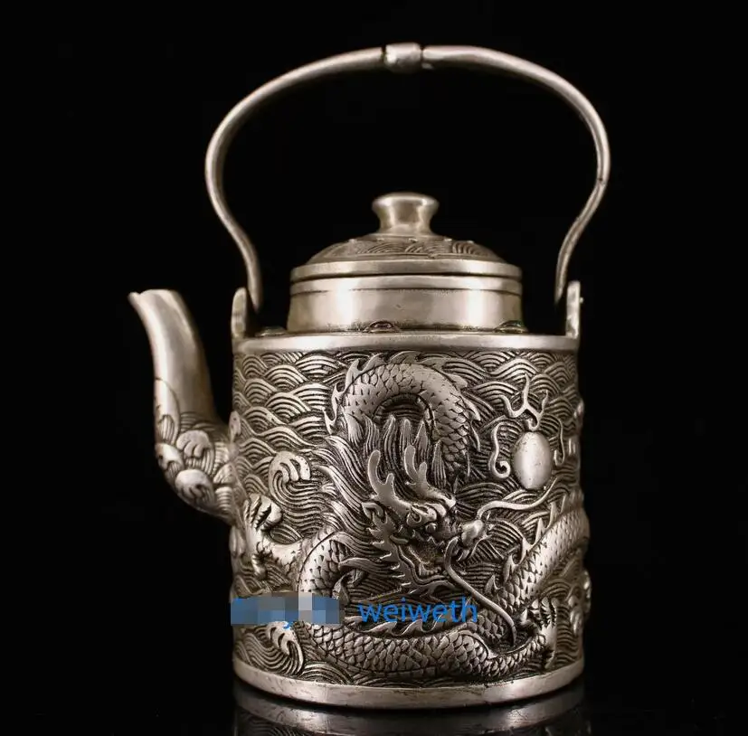 

Chinese Tibet Silver Handwork Carved Dragon Statue Teapot W Qianlong Mark 3652