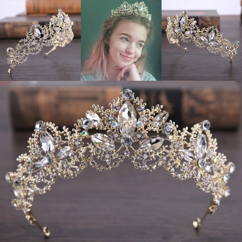 

New Fashion Baroque Luxury Crystal AB Bridal Crown Tiaras Light Gold Diadem Tiaras for Women Bride Wedding Hair Accessories