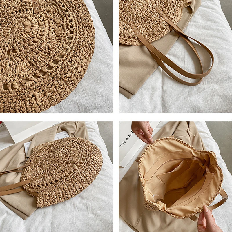 Bohemian Hollow Out Straw Women Shoulder Bags Woven Round Lady Handbags Casual Handmade Summer Beach Tote Bag Big Shopper Purses