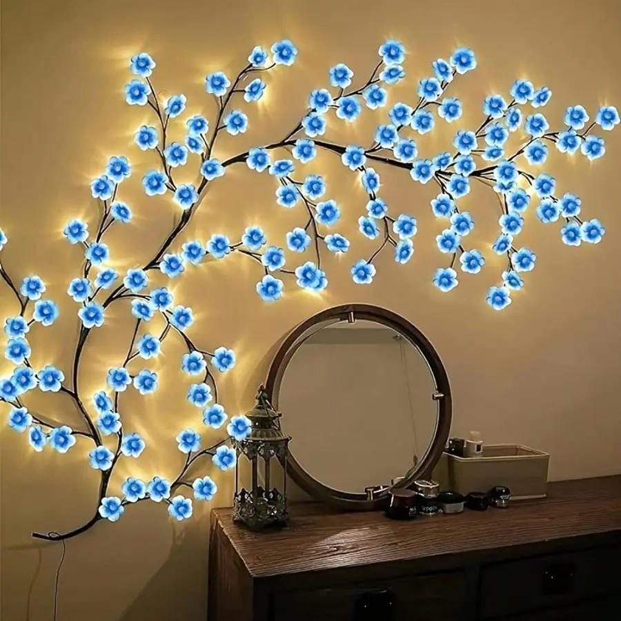 1pc 72 LEDS Blue Cherry Blossom Tree Branch Lights For Wall,Cherry Blossom Lights With Remote,Timer,8 Lighting Modes,Flexible Willow Vine Twig Fairy Light,Floral Wall Decor For Bedroom Home,Spring Decor US