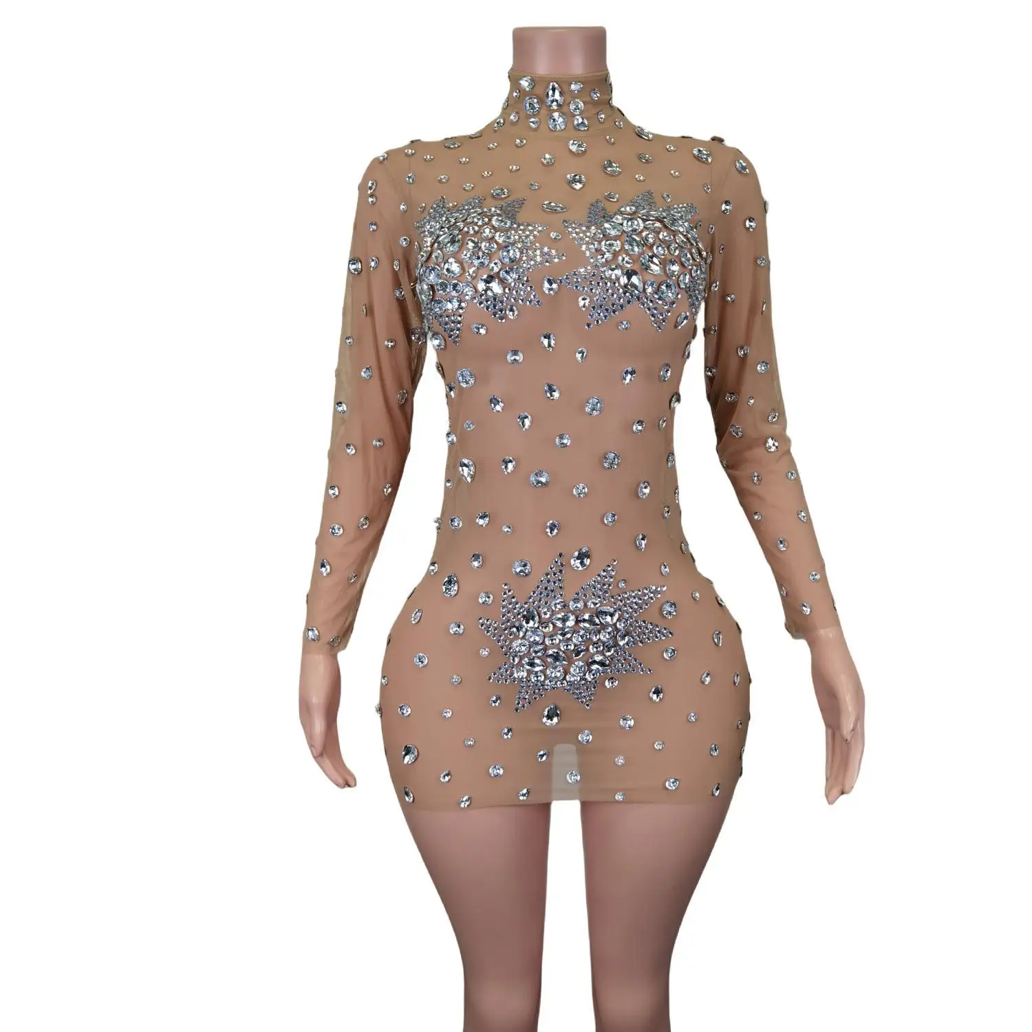 

Sparkly Rhinestones Sexy See-Through Sheath Mini Dress Evening Party Performance Costume Bar Nightclub Singer Stage Wear Guibin