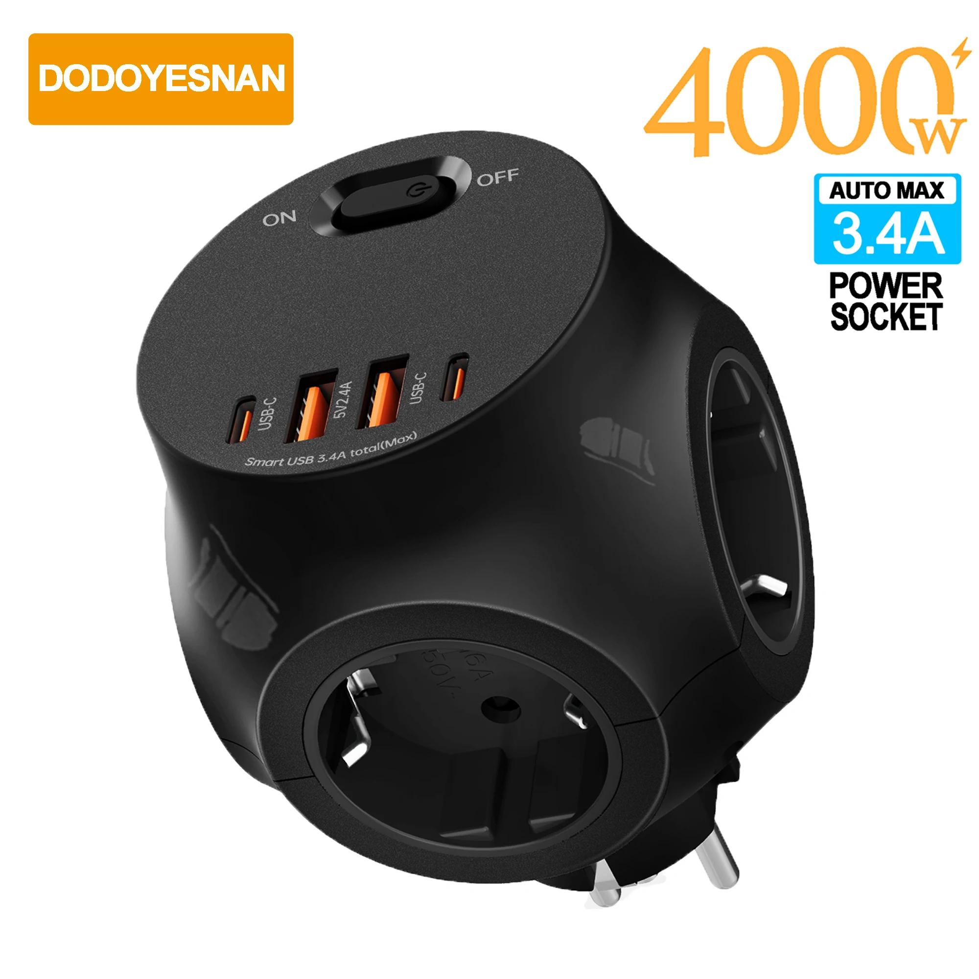 EU Plug Multi-Function Wall Mounted Power Strip 4000W Overload Switch European Standard Outlet With 2USB-A 2USB-C Ports Adapter
