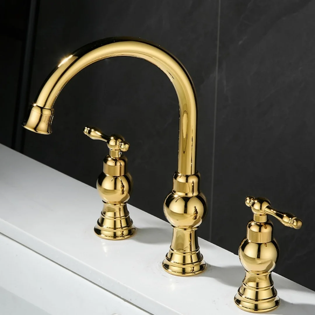 Brushed Gold Bathroom Faucet Brass Antique Widespread Basin Faucet Grey Sink Faucets 3 Hole Hot And Cold Water Faucet Tap
