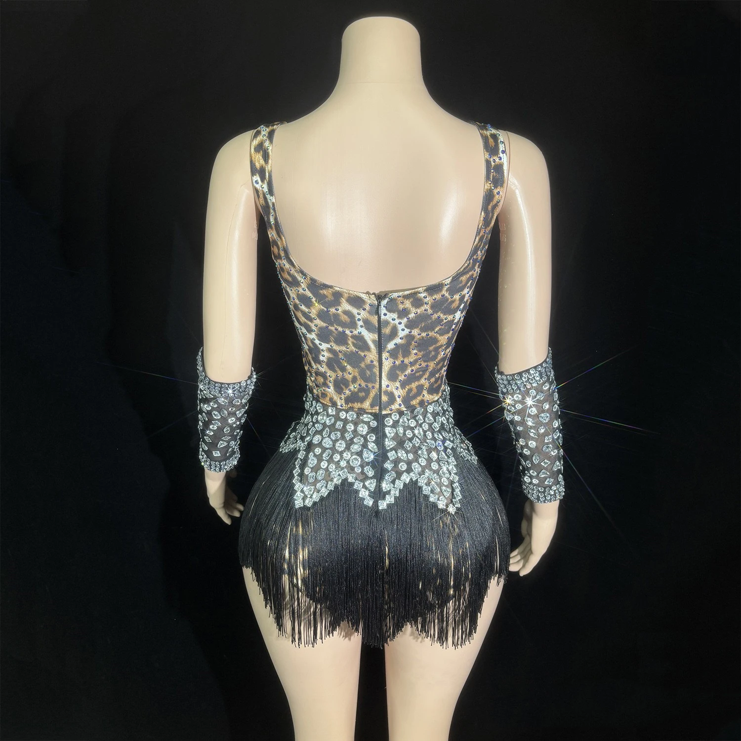 Seksowne body z lamparciami w panterkę, zdobione dżetami, kostiumy dla zespołów tanecznych, stroje sceniczne dla DJ-ek i tancerki gogo do klubów nocnych i barów DN21519